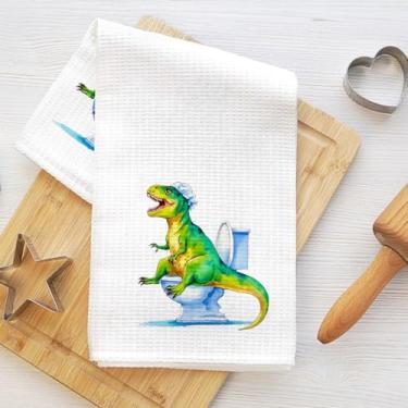 Imagem de Toalhas de banho engraçadas para cocô de dinossauro 61 x 35 cm, toalha de prato de microfibra macia absorvente, toalhas de mão de waffle para banheiro, banheiro, presentes de dinossauro