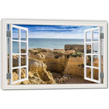 Imagem de Impressão em tela de janela falsa imersiva em pedra seca em água, arte de parede cênica virtual para decoração de sala de estar 60 x 90 cm emoldurada