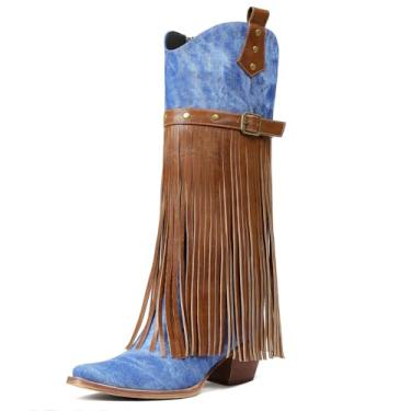 Imagem de Cozivwaiy Bota feminina com franja na altura do joelho, salto médio, caubói com franjas, couro sintético country, salto grosso, Jeans azul, 40