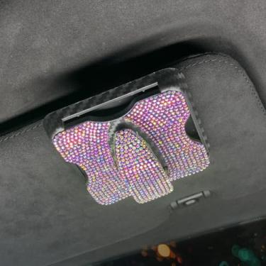 Imagem de SANMLX Suporte de óculos de sol para viseira de sol de carro, suporte de óculos, suporte para óculos, suporte para carro, com strass cintilante, clipe de cartão de bilhete de cristal