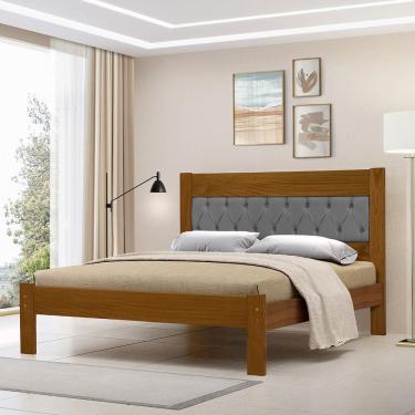 Imagem de Cama de Casal de Madeira Castanho Viena com Cabeceira Estofada Veludo Cinza