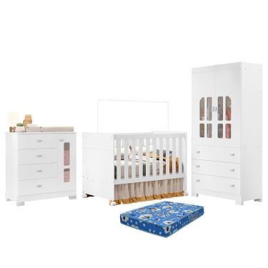 Imagem de Dormitório Infantil New Katatau Guarda Roupa, Cômoda E Berço Branco Brilho Com Colchão Baby Physical - Reller Móveis Branco Brilho