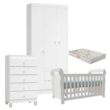 Imagem de Quarto De Bebê 4 Portas Com Gaveteiro Ternura Baby E Berço Lara Branco Brilho Com Colchão Gazin - Incorplac