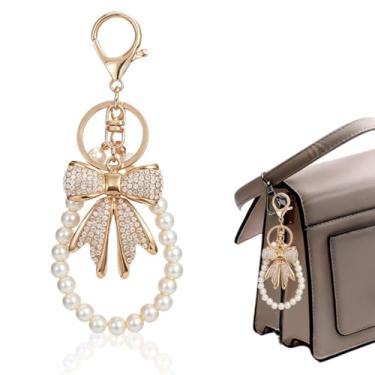 Imagem de Chaveiro de laço branco strass laço chaveiro imitação de pérolas correntes de laço brilhante bolsa berloque decorações para bolsas, bolsas, mochilas, berloques, acessórios