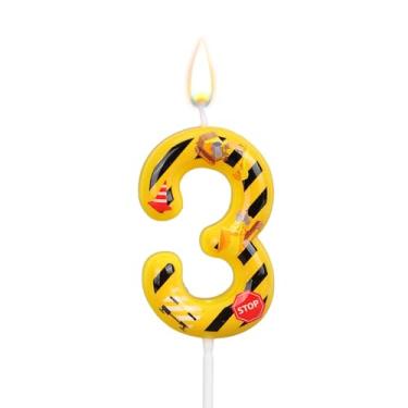 Imagem de Vela Aniversário de Construção, Vela Aniversário com Listras Amarelas e Pretas Topo Bolo Construção Legal Decoração de Bolo para Festa Meninos (Número 3)