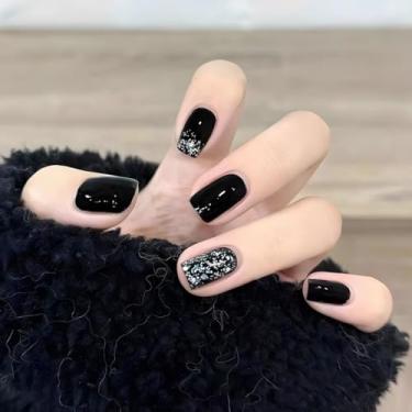 Imagem de Unhas curtas quadradas pretas com design de glitter, cola falsa, cobertura total, bastão falso artificial em unhas de acrílico para mulheres, casamento, 24 peças