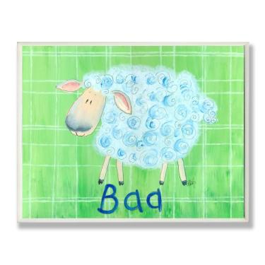 Imagem de The Kids Room by Stupell Placa de parede retangular de ovelha Baa em fundo xadrez verde