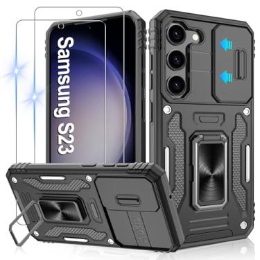 Imagem de Gritup Capa para Samsung Galaxy S23 com 2 protetores de tela HD e capa de câmera deslizante, proteção contra quedas de grau militar de 3,5 m, suporte de anel magnético, capa protetora para celular