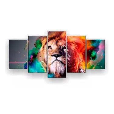 Imagem de Kit quadro decorativo 5 peças 95x60cm Mosaico Leão Judá Colorido Pintura Aquarela