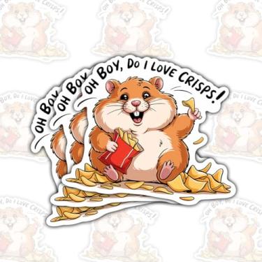 Imagem de 3 peças de adesivos Oh Boy Do I Love Crisps, hamster fofo segurando batatas fritas, decalque de vinil engraçado, adesivo de animal gordinho para laptop, garrafa de água, chapéu rígido 7,6 cm, presente