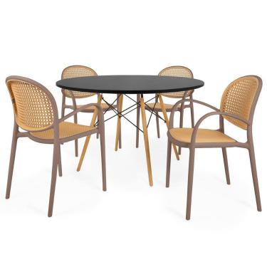 Imagem de Conjunto Mesa De Jantar Redonda Eiffel Preta 120cm Com 4 Cadeiras Roma Com Braço - Marrom Claro