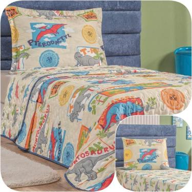 Imagem de Kit Colcha Solteiro Bouti Kids Com Jogo De Lençol 4 Peças Dino