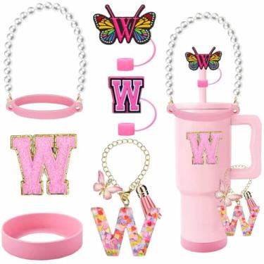 Imagem de RNFVJH 7 peças de acessórios de copo para garrafa de água Stanley alça alça de alça de 0,8 cm carta palha capa de silicone alça inicial pingente adesivo de letra para copo de 30 e 1,134 g com alça