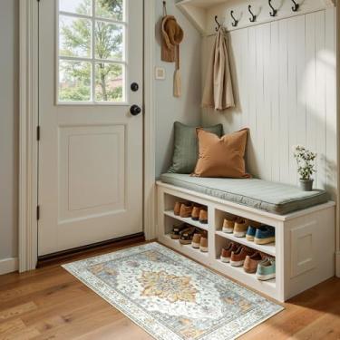 Imagem de RELEANY Tapetes de área de 6 x 10 cm, lavável, antiderrapante, estampa floral, vintage, tapete medalhão para sala de estar, quarto, sala de jantar, amarelo claro cinza carbono laranja