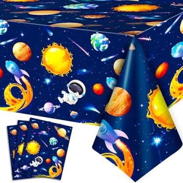 Imagem de 3 peças de toalha de mesa de festa no espaço sideral, 274 x 137 cm, capas de mesa de astronauta, espaço para festa de aniversário, decoração de festa de aniversário