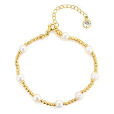 Imagem de Pulseiras femininas com contas de ouro delicadas pérolas strass lindo pingente ajustável corrente moderna joias presentes para dama de honra, aniversário, Natal, amizade, Large, Sem Pedra Preciosa