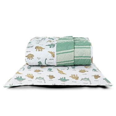 Imagem de Kit Cobre Leito Colcha Solteiro Infantil Lutti Dupla Face 200 Fios 2 Peças Dinossauro Verde