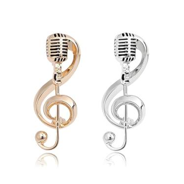 Imagem de Dreuyet 2 peças de broche de notas musicais para homens mulheres ouro prata microfone nota musical broche crachá correntes penduradas colarinho broches para terno de carreira smoking de camisas