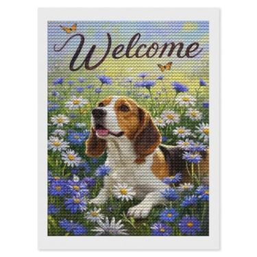 Imagem de ETTUWNUI Kits de pintura de diamante para adultos - primavera verão floral flor beagle cachorro pintura de boas-vindas DIY 5D broca completa pontos de diamante pinturas com diamantes gema arte e