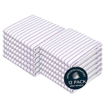 Imagem de HEIRLOOM COMFORT Toalhas de cozinha listradas de lavanda, pacote com 12, 100% algodão, super absorvente e de secagem rápida, conjunto de toalhas listradas clássico, panos de prato duráveis para uso na