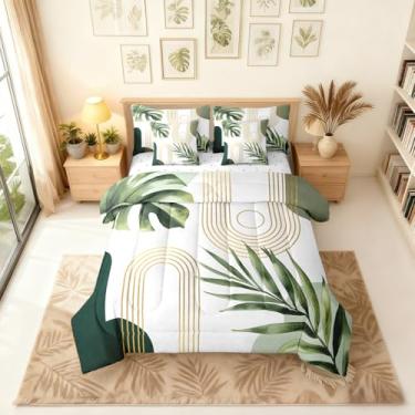 Imagem de Erosebridal Conjunto de edredom queen boêmio de meados do século verde com lençóis, estética abstrata, minimalista, 7 peças, linhas geométricas simples e modernas em uma bolsa, conjuntos de cama