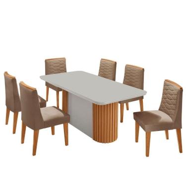 Imagem de Mesa Jantar Aspen Tampo Mdf Vidro 6 Cadeiras Eloise Moderna Veludo Capuccino Off White