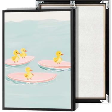Imagem de Patos amarelos em pranchas de surfe rosa arte de parede bonito pôsteres costeiros estampas temáticas de praia para sala de estar quarto decoração de parede de casa 30,5 x 40,6 cm sem moldura