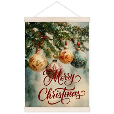 Imagem de TWRVI Cabide de pôster de Feliz Natal com moldura de madeira, enfeites de Natal de inverno, decoração de parede para casa, pôsteres de Natal de inverno Cottagecore para decoração de quarto e sala de