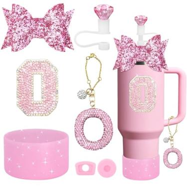 Imagem de YesMvpMvp Conjunto de acessórios de copo Stanley de 7 peças, pingente de letra para copos Stanley, incluindo canudo de diamante, canudo de laço, bota de silicone brilhante para Owala 850 g e 1,134 g