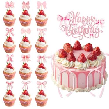 Imagem de LLMSIX 19 peças de topo de bolo de laço rosa com sinal de feliz aniversário, topos de cupcake com laço, enfeite de bolo de feliz aniversário para decorações de festa de aniversário, acessórios