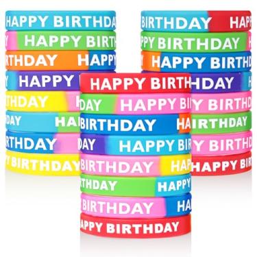 Imagem de LovesTown 24 pulseiras de borracha de feliz aniversário, pulseiras elásticas de silicone para artigos de festa infantil