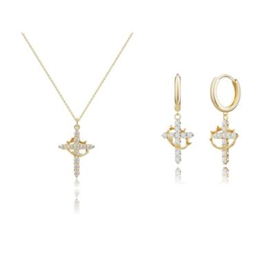 Imagem de Liiusgelad Conjunto de joias, colar e brincos com cruz de coroa banhada a ouro 14K, 18 Inches, Latão Zircônia cúbica, Sem tipo de pedra preciosa