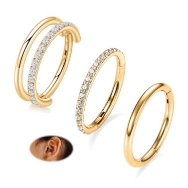 Imagem de FUNLMO Anéis de septo 16G, piercing de nariz, cartilagem, tragus, hélice, concha, torre, daith, piercing de joia de aço cirúrgico 316L, argola dupla, anel de nariz, 8 mm, ouro