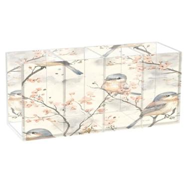 Imagem de SEHANY Lindo porta-canetas de acrílico com flores em aquarela, pássaro, 4 compartimentos, porta-lápis transparente, organizador de pincéis de maquiagem, organizador de papelaria para escritório, casa
