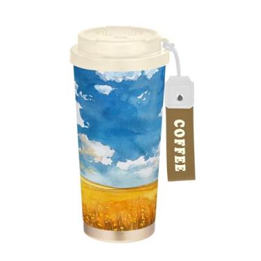 Imagem de Blueangle Caneca de café de viagem com isolamento de campo amarelo - copo de aço inoxidável à prova de derramamento e vazamento para acampamento e ar livre, garrafa de água reutilizável de 500 ml com