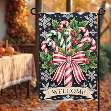 Imagem de Bandeira de jardim de boas-vindas de Natal, bengala doce, decorações de Natal, guirlanda de doces de Natal, bandeiras de jardim de frutas silvestres para fora de casa, casa de fazenda, quintal