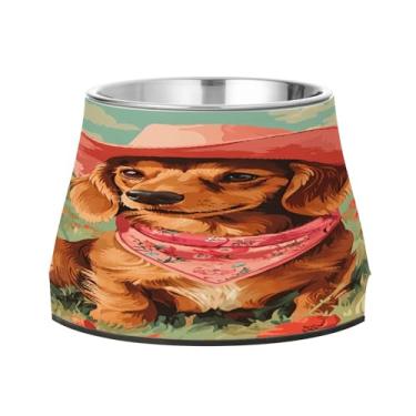 Imagem de SEHANY Tigelas fofas para cães Dachshund antiderrapante de aço inoxidável com fundo de borracha para evitar tombamento, tigelas elevadas para comida e água quadriculadas para cães e gatos