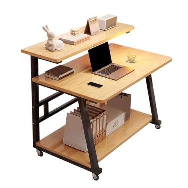 Imagem de Mesa de suporte para sentar, mesa de computador com rodas de freio, rack de armazenamento de 3 camadas, mesa de mesa dupla, design de arco, pequena mesa rolante, estação de trabalho para computador
