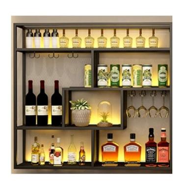 Imagem de HGTRH Rack de vinho montado na parede com luzes, arte de parede de suporte de vinho, prateleiras flutuantes para parede com prateleiras de copos de vinho industrial Morden garrafa de licor expositor