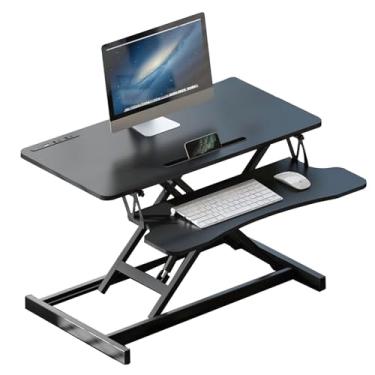 Imagem de HGTRH Conversor de mesa de pé ajustável em altura, mesa dobrável para laptop com bandeja de teclado, interface USB, desmontagem e faixa de elevação de montagem, 14-50 cm, 80 x 40 cm, preto, branco