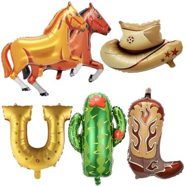 Imagem de Conjunto de balões metálicos com tema caubói ocidental de 6 peças - 2 cavalos, chapéu de caubói, bota, cacto e balões de Mylar em ferradura para decorações de festa de aniversário, eventos de rodeio