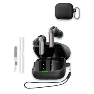 Imagem de Capa para EarFun Air Pro 4+ 2025, capa protetora de silicone macio WUNIAK portátil resistente a arranhões com kit de limpeza, mosquetão e cordão para EarFun Air Pro4+, preta