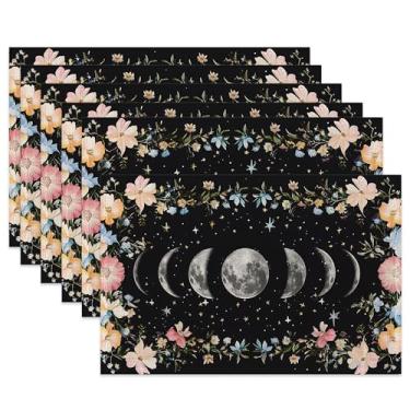 Imagem de Jogo americano de pano, jogo americano de tecido fase da lua, conjunto de 6, tapetes de mesa florais rústicas laváveis, tapetes decorativos para jantar, casa, cozinha, festas de fim de ano, 29 x 44 cm