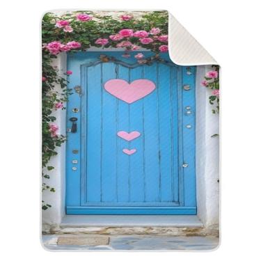 Imagem de xigua Cobertor de algodão para bebês com porta azul com coração, cobertor leve e macio para berço, carrinho de bebê, cobertores de berçário, 76 x 101 cm