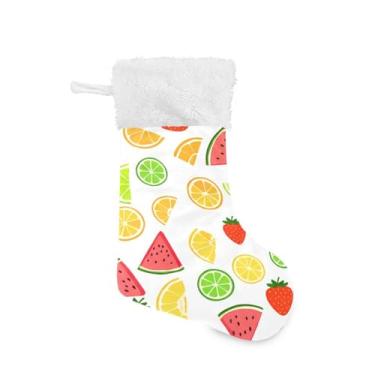 Imagem de Wassud Meia de Natal fofa com punho branco frutas fatiadas coloridas 45,7 cm grande para decoração de lareira de lareira 1 pacote