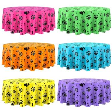 Imagem de Oudain 6 peças de toalha de mesa de plástico com estampa de pata de cachorro, 203 cm, toalha de mesa redonda descartável, capa de mesa temática de cachorrinho fofo para decoração de festa de
