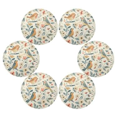 Imagem de Wassud Jogo americano conjunto de 6 tapetes redondos de pássaros e flores para cozinha e jantar tapetes laváveis resistentes ao calor para decoração de mesa 39 cm