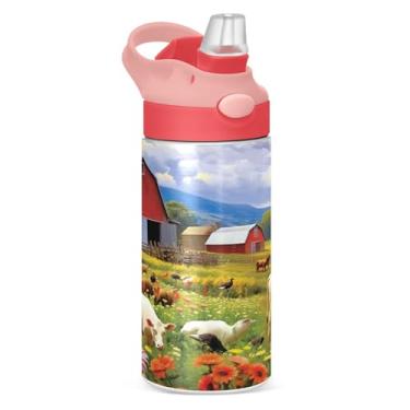 Imagem de xigua Garrafa de água infantil Farm Animals Pattern com canudo – Copo de aço inoxidável à prova de vazamento de 340 g para esportes, creche