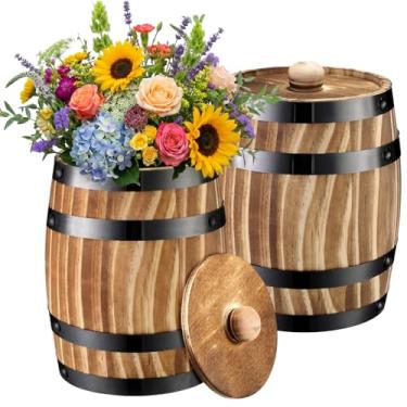 Imagem de GlikCeil 2 peças de vaso de madeira para barril de vinho, vaso de flores vintage, vaso rústico para decoração de mesa de recepção de casamento, casa, interior, exterior, jardim, cozinha, festa (16 x