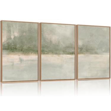 Imagem de FWIEXA Conjunto 3 de arte de parede abstrata em tela verde cinza, impressões emolduradas de paisagem neutra, pinturas modernas de cenário de lago, bege 61 x 91 cm, pôster de arte em aquarela para